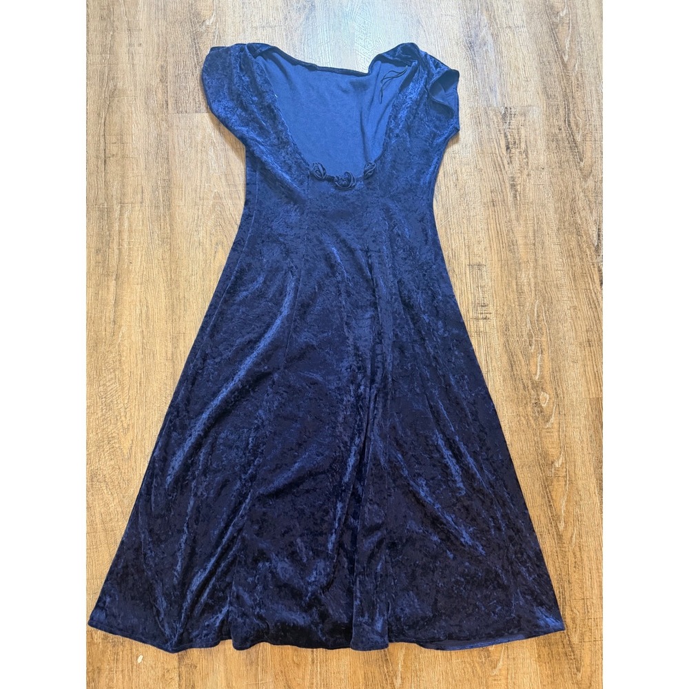 Vintage All That Jazz Navy Blue Crushed Velvet Rosette Maxi Dress Size S 90s